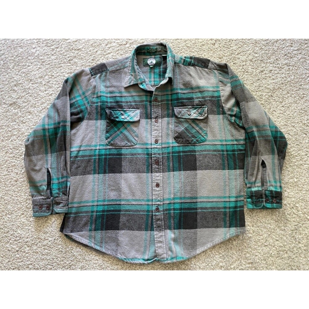 Vtg timber Trail flannel shirt Grey green plaid Button up Chore Thick Cotton